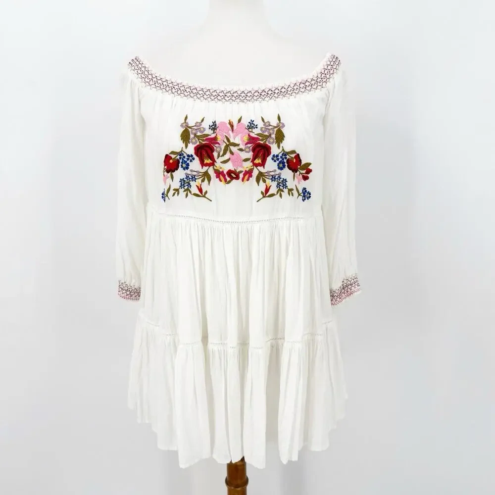 Free People Off Shoulder Mini‎ Dress XS Womens Floral Embroidered Boho Oversized